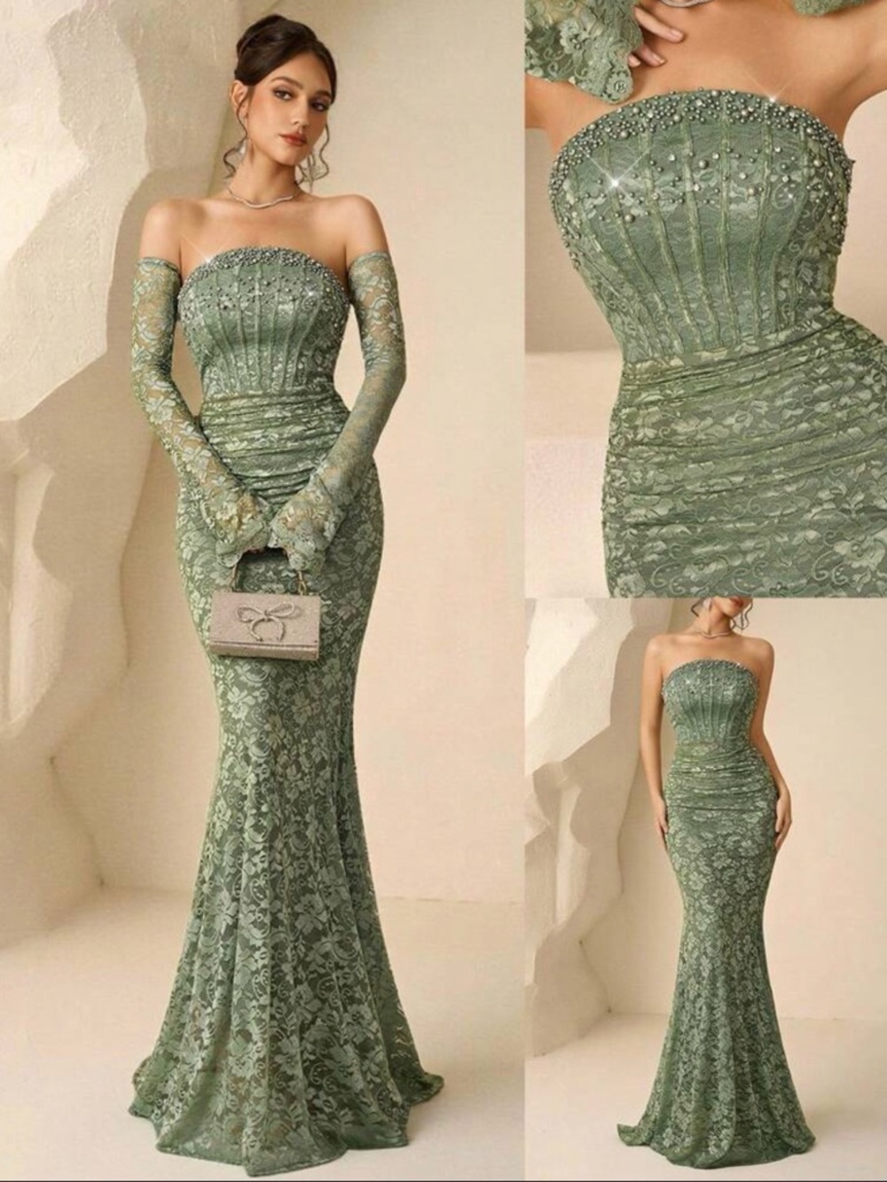 Elegant Strapless Lace Mermaid Dress in Sage Green - Picture 1 of 8